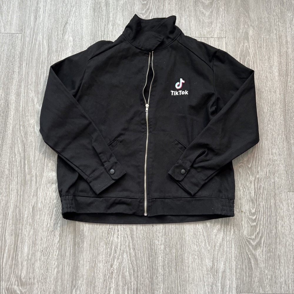 Tik Tok Black Unisex Zip Denim Jacket Influencer Social Media Halloween L